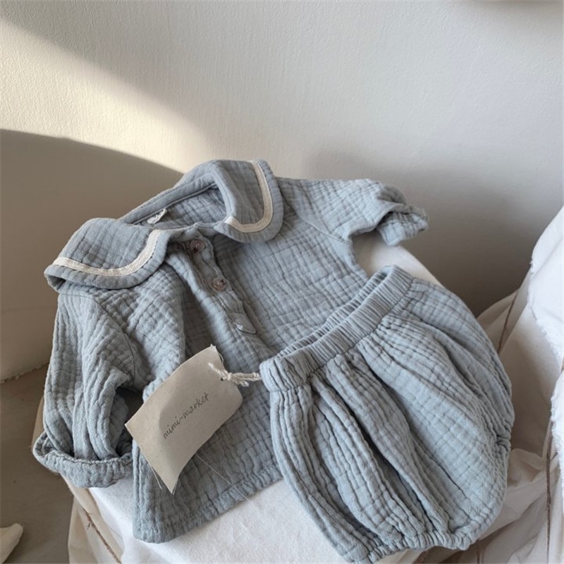 Baby Boy Girl Clothes Set Muslin Spring 0-5Y Baby Organic Cotton Lapel Navy Style Long Sleeve Tops + Shorts Newborn Baby Sets Baby Boy Girl Clothes Set Muslin Spring 0-5Y Baby Organic Cotton Lapel Navy Style Long Sleeve Tops + Shorts Newborn Baby Sets