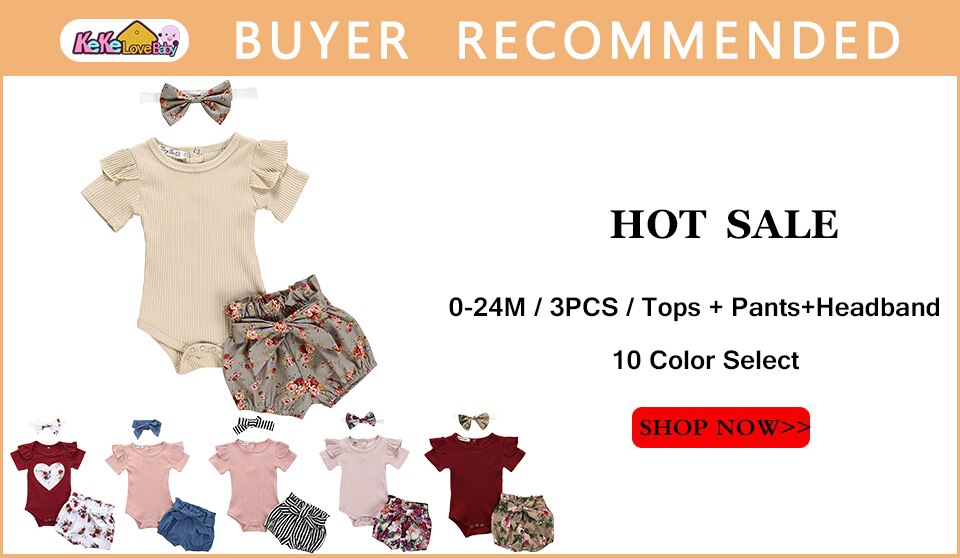 Baby Girl Summer Clothes Set Fashion Newborn Infant Knitting Cotton Ruffles Romper Shorts Bow Headband 3Pcs For Toddler Outfits